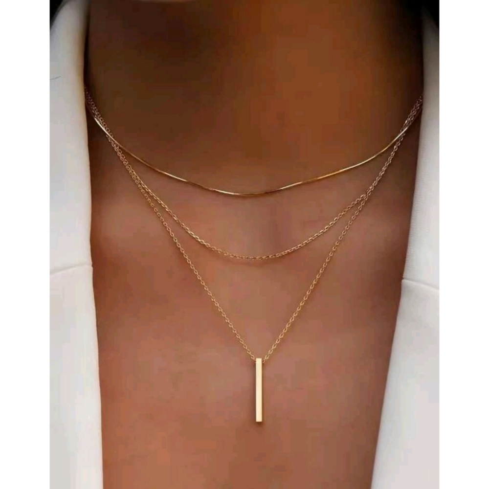 Anthropologie Minimalist Triple Layered Trendy Gold Bar Pendant Necklace